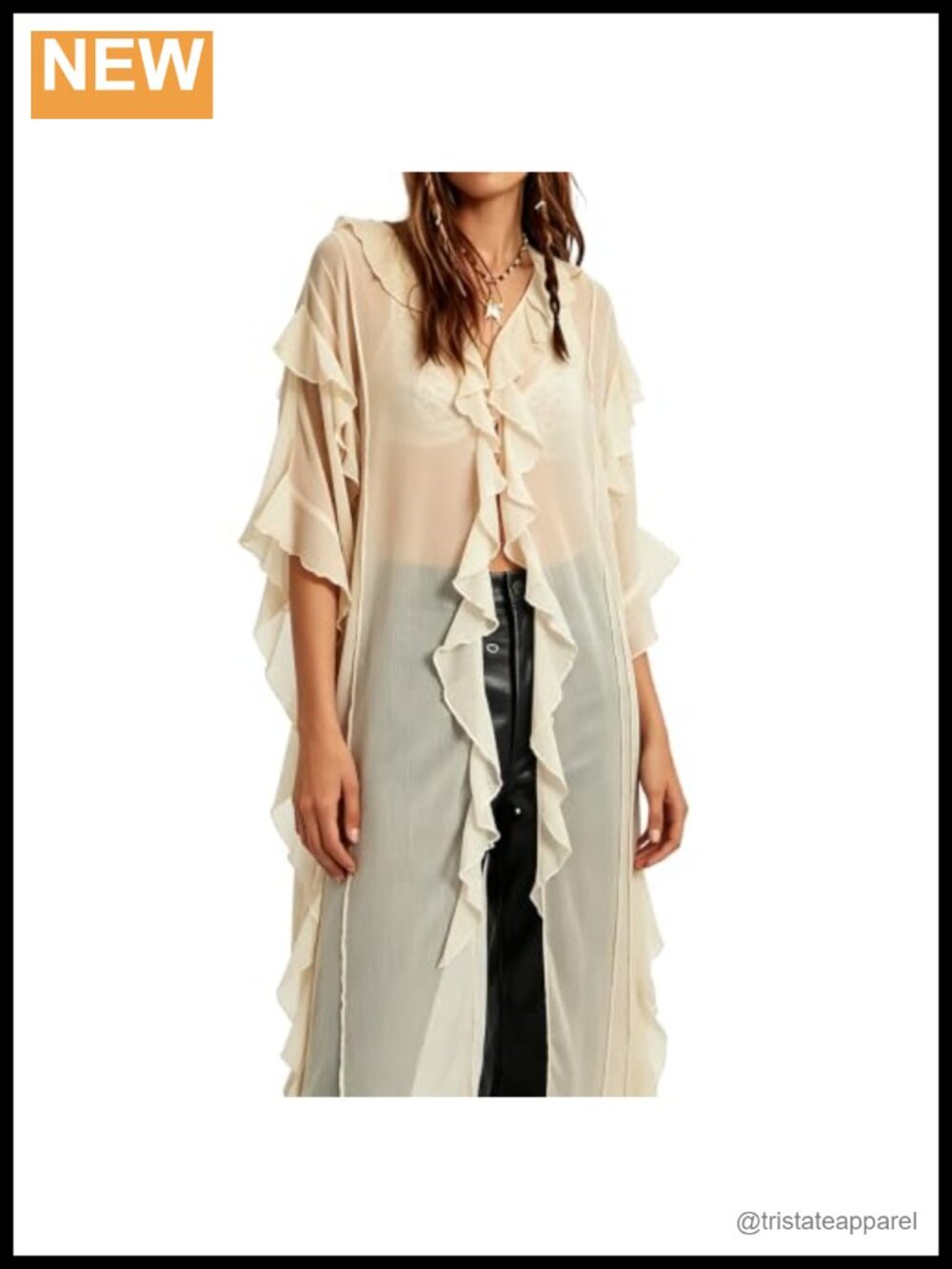 Sheer Chiffon Long Sleeve Ruffle Button Down Blouse Duster Coverup Top
